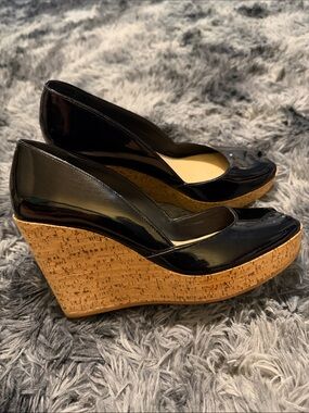 Via Spiga Black Patent Cork Wedge Pumps